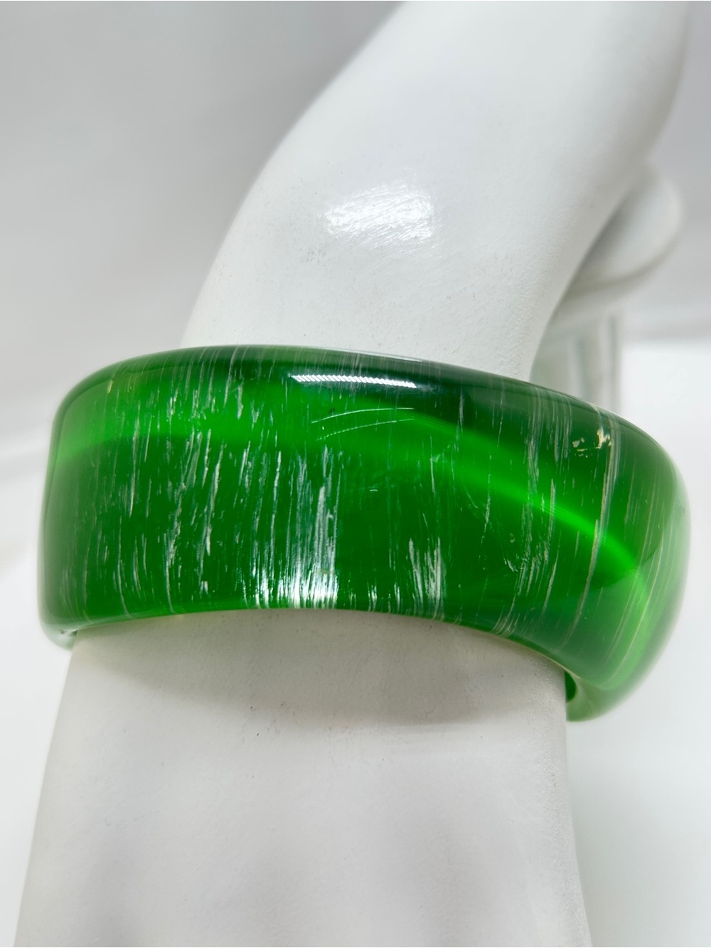 Vintage Green And Silver Asymmetrical Chunky Lucite Bangle Bracelet - Picture 2 of 6